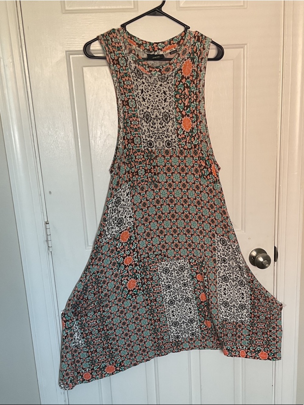 Anthropologie Maeve Teal, Orange & Black Patchwork Asymmetrical MIDI Dress Boho